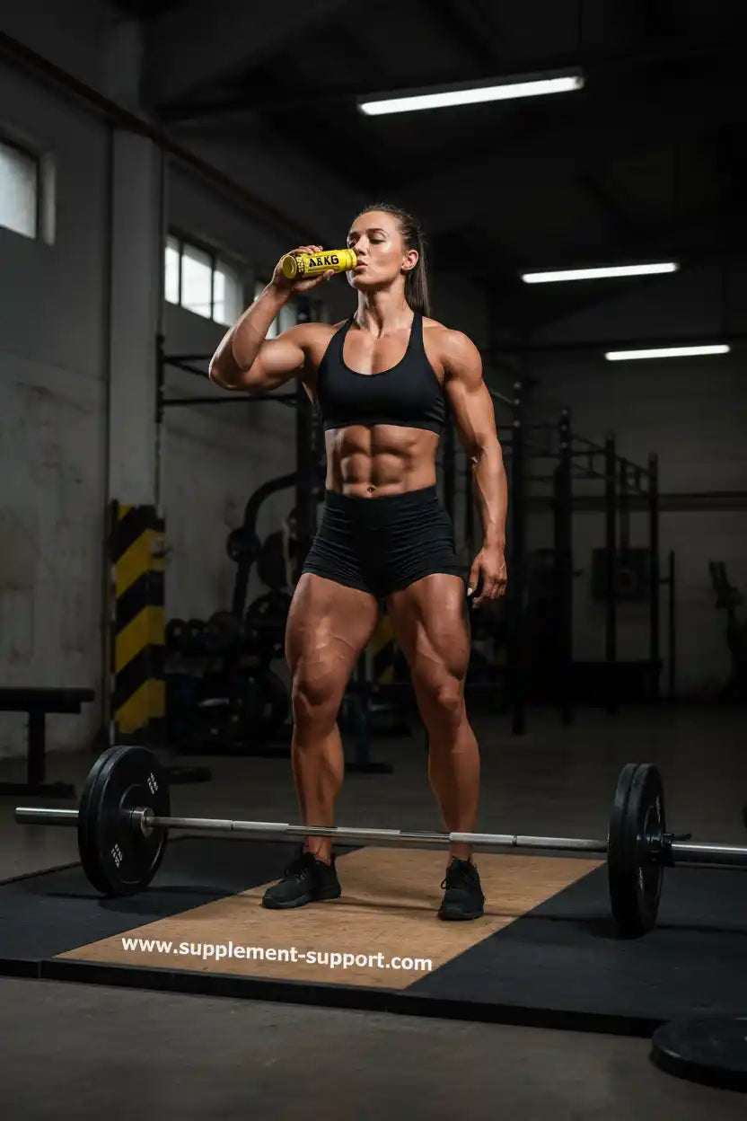 Muskulöse Frau trinkt Sportnahrung vor Barbell im Fitnessstudio, ideal für Kraftsport und Training