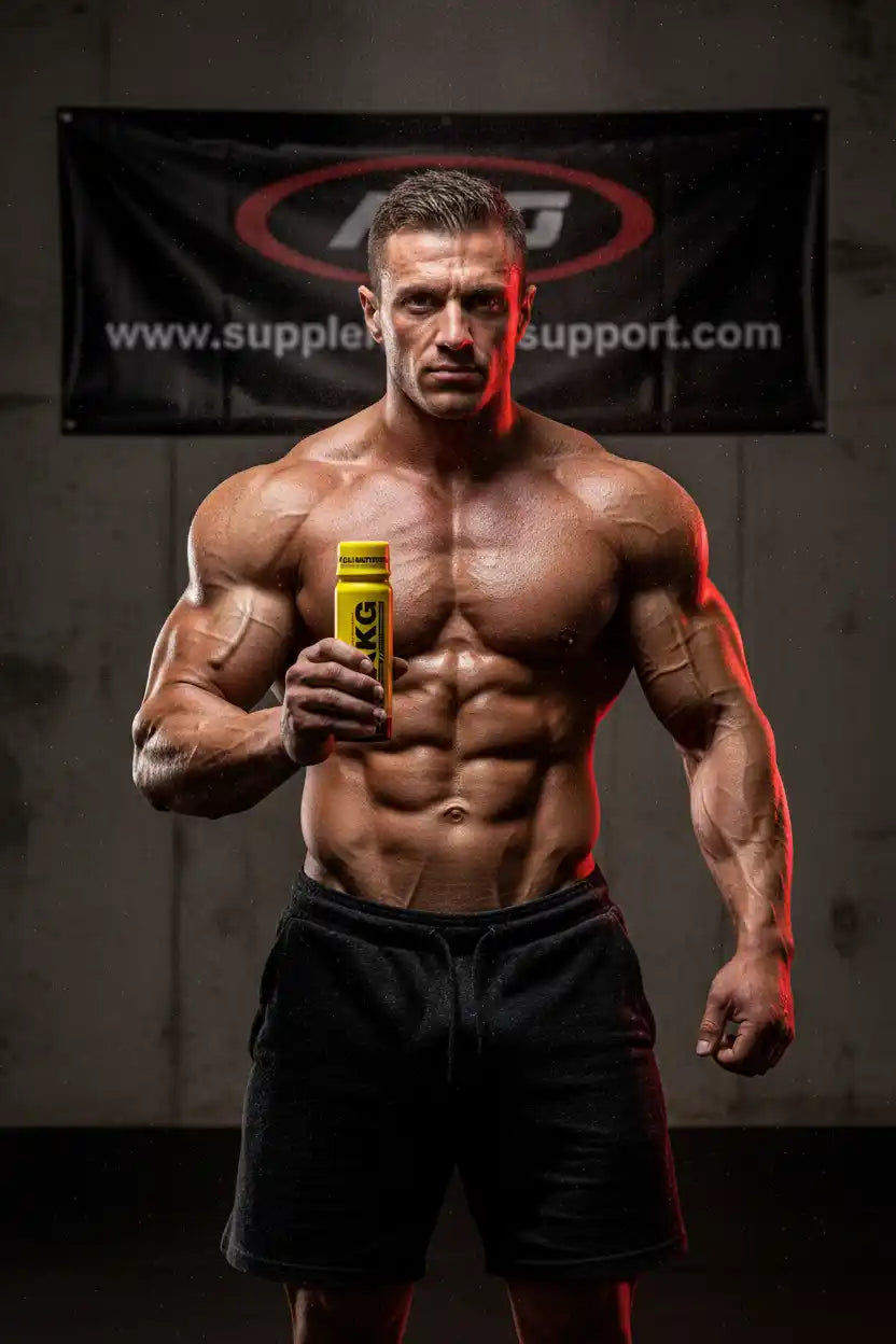 Muskulöser Mann mit Nahrungsergänzungsmittel für Fitness und Sport