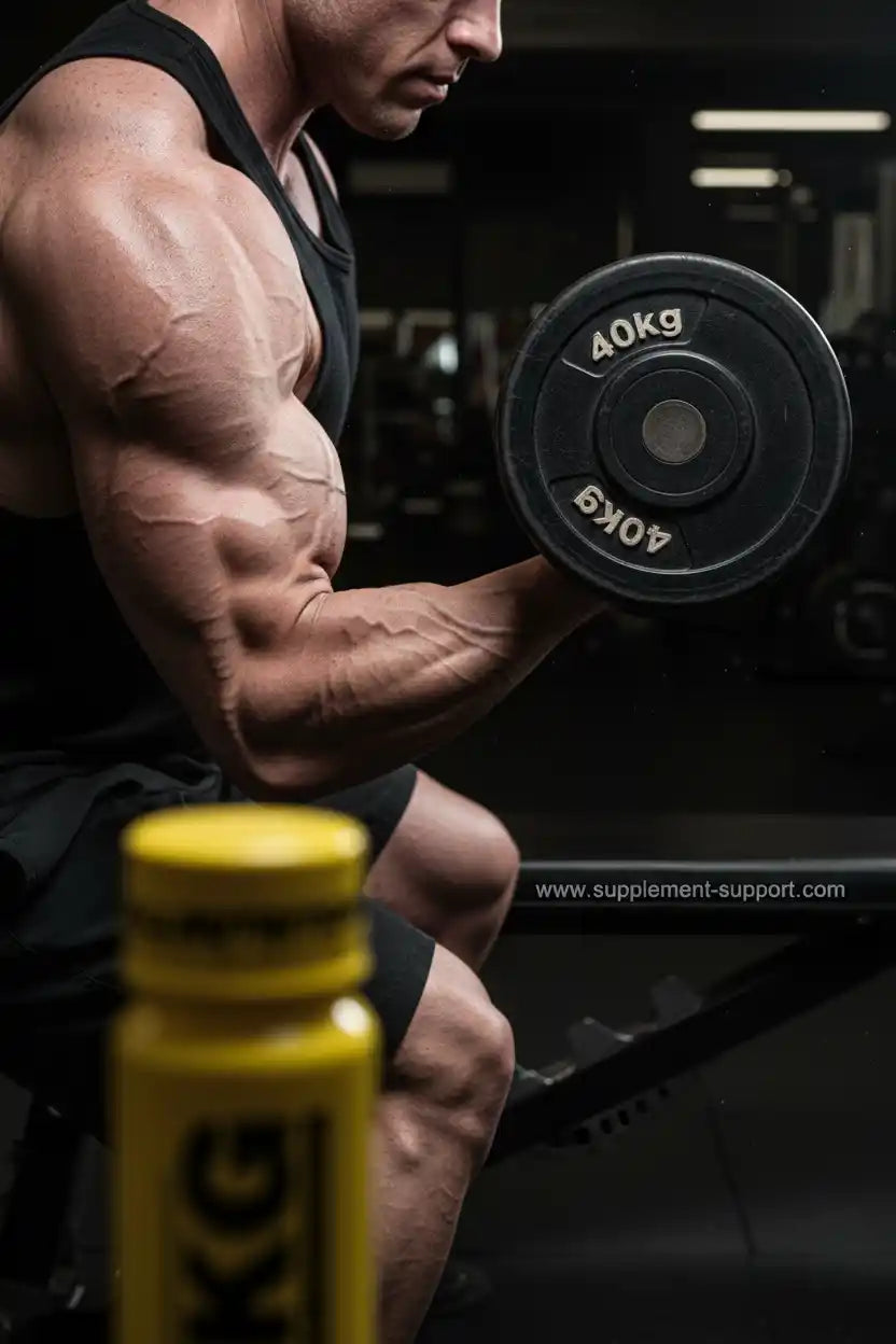 Muskulöser Mann mit 40kg Hantel im Fitnessstudio, Nahrungsergänzung im Vordergrund