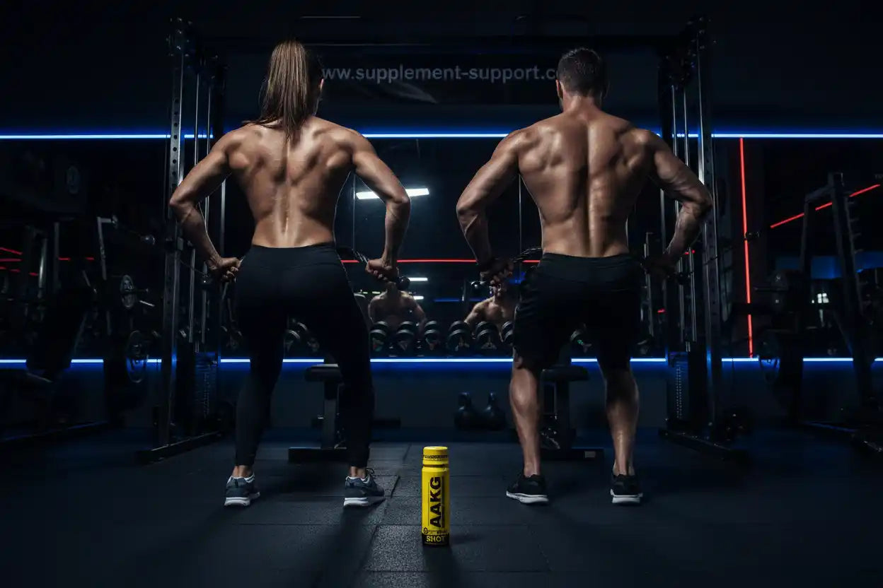 Muskulöse Frau und Mann im Fitnessstudio mit AAKG-Shot für Sportler und Fitness
