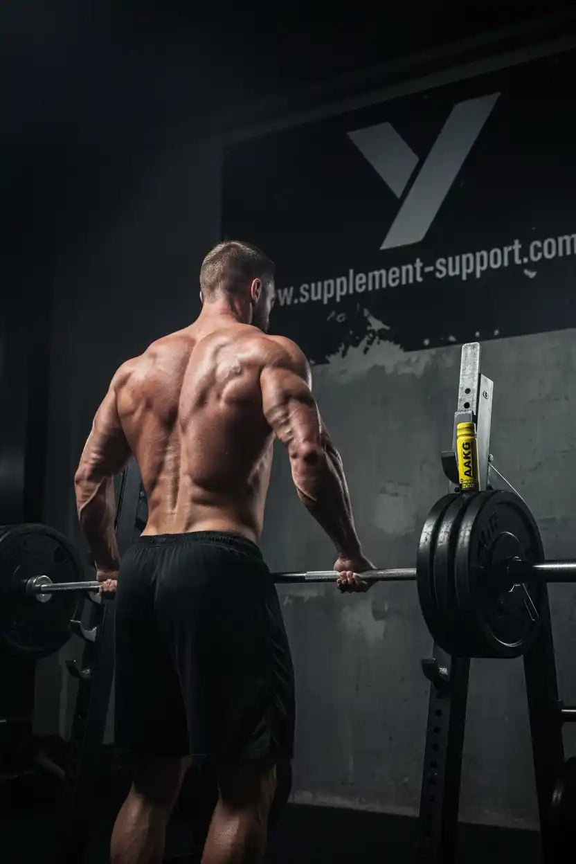 Muskulöser Mann beim Gewichtheben im Fitnessstudio mit Barbell und Trainingsausrüstung