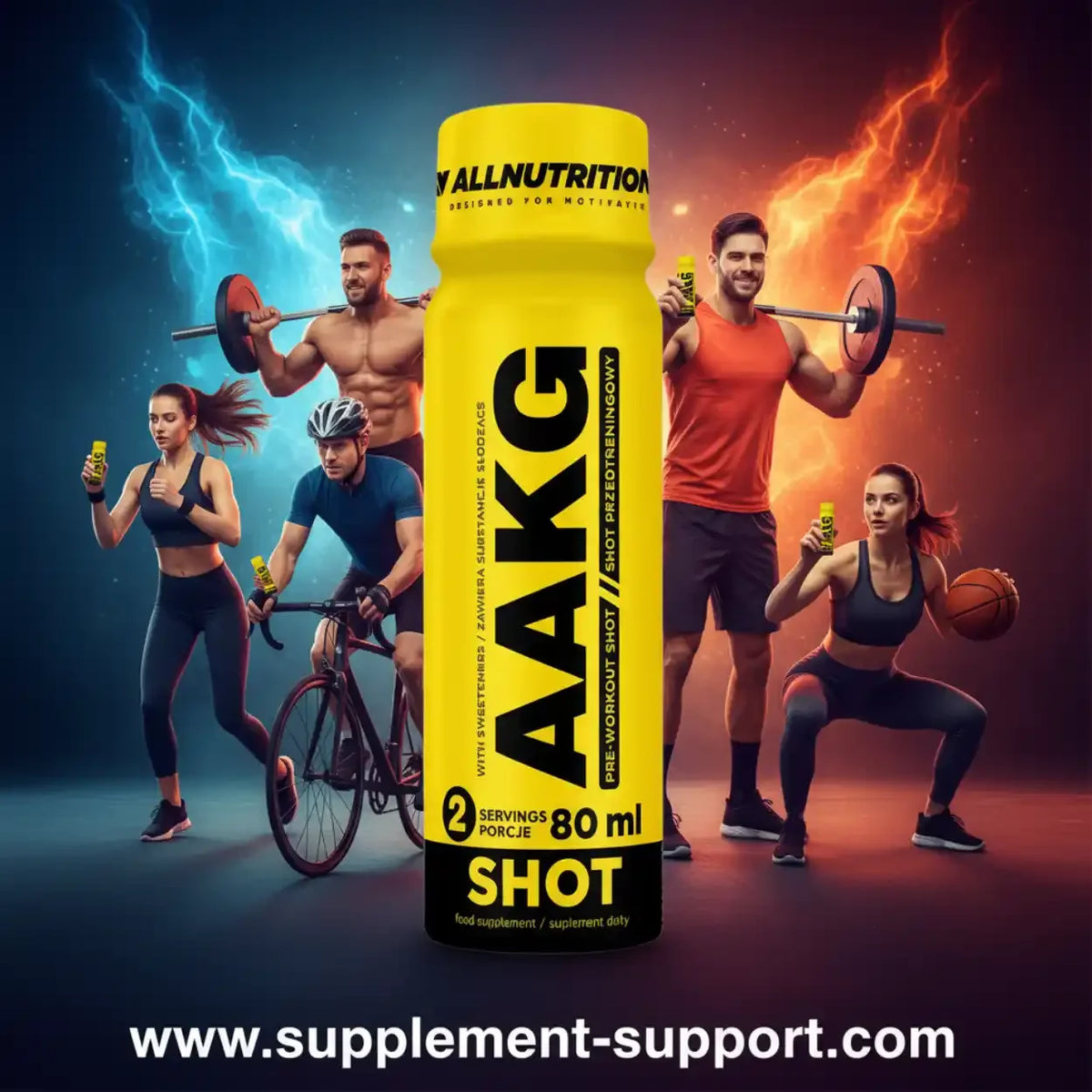 All Nutrition AAKG Shot 80ml Pre-Workout Supplement für Sportler vor dynamischem Hintergrund.