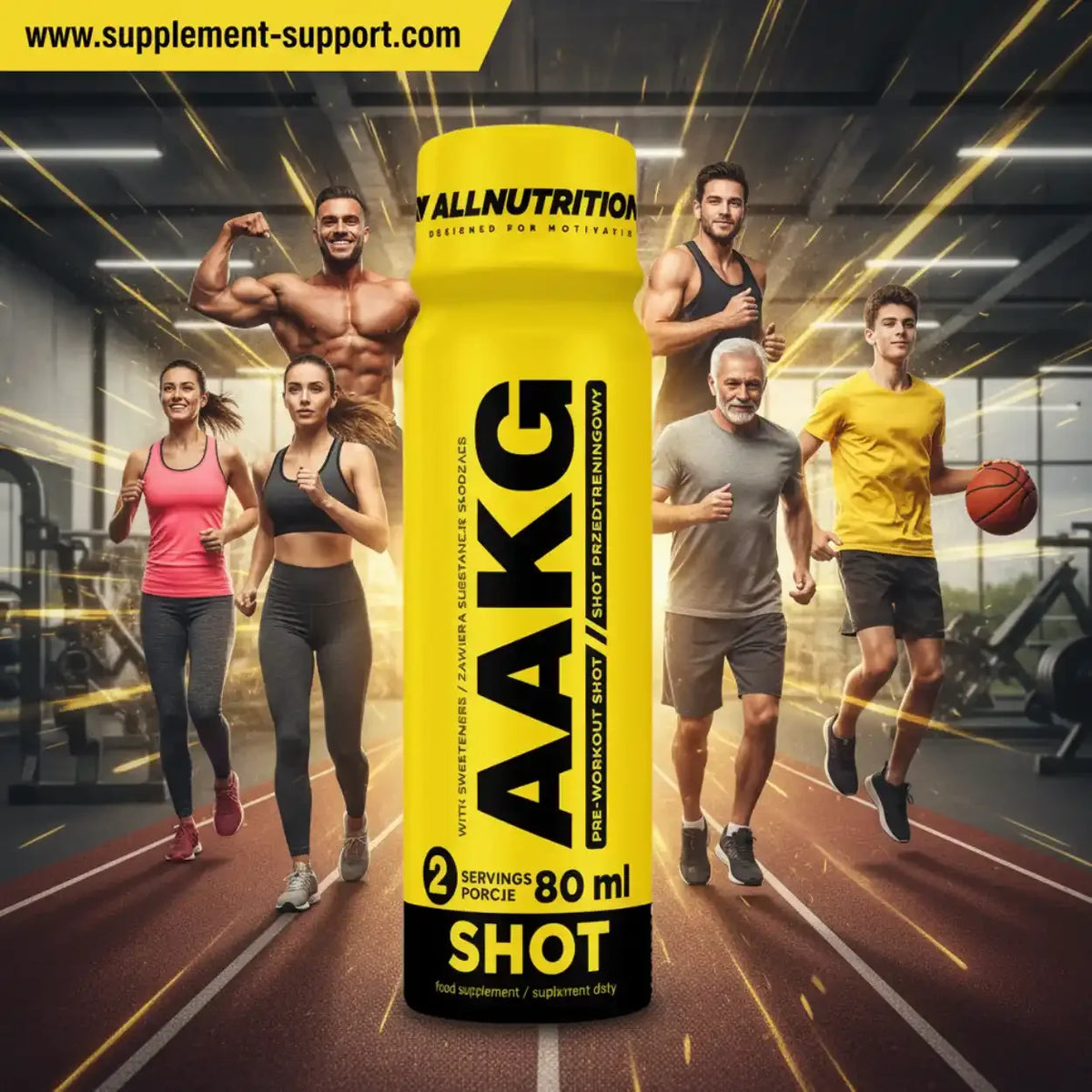 All Nutrition AAKG Shot 80ml Pre-Workout Supplement für Sportler in einem Fitnessstudio.