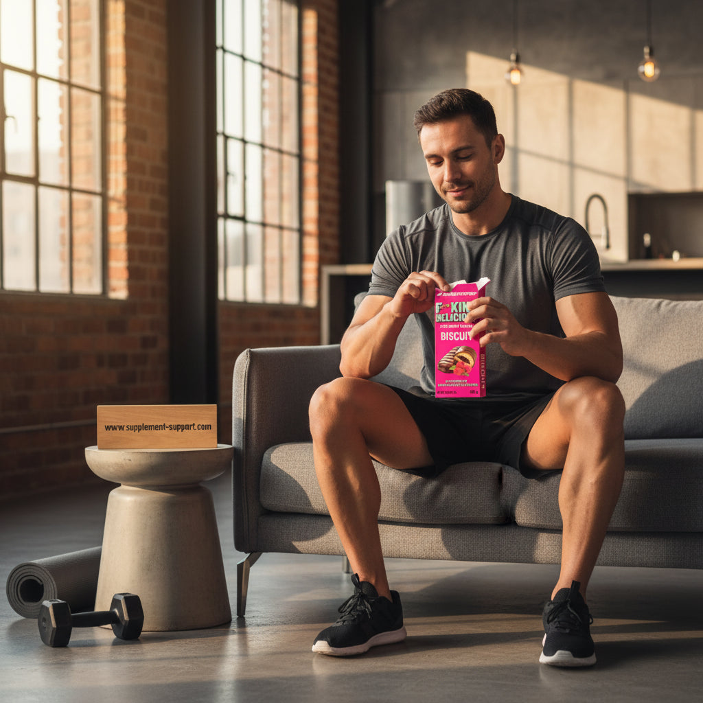Muskulöser Mann mit Protein-Biscuits auf Sofa, Fitness- und Sportnahrung für Athleten