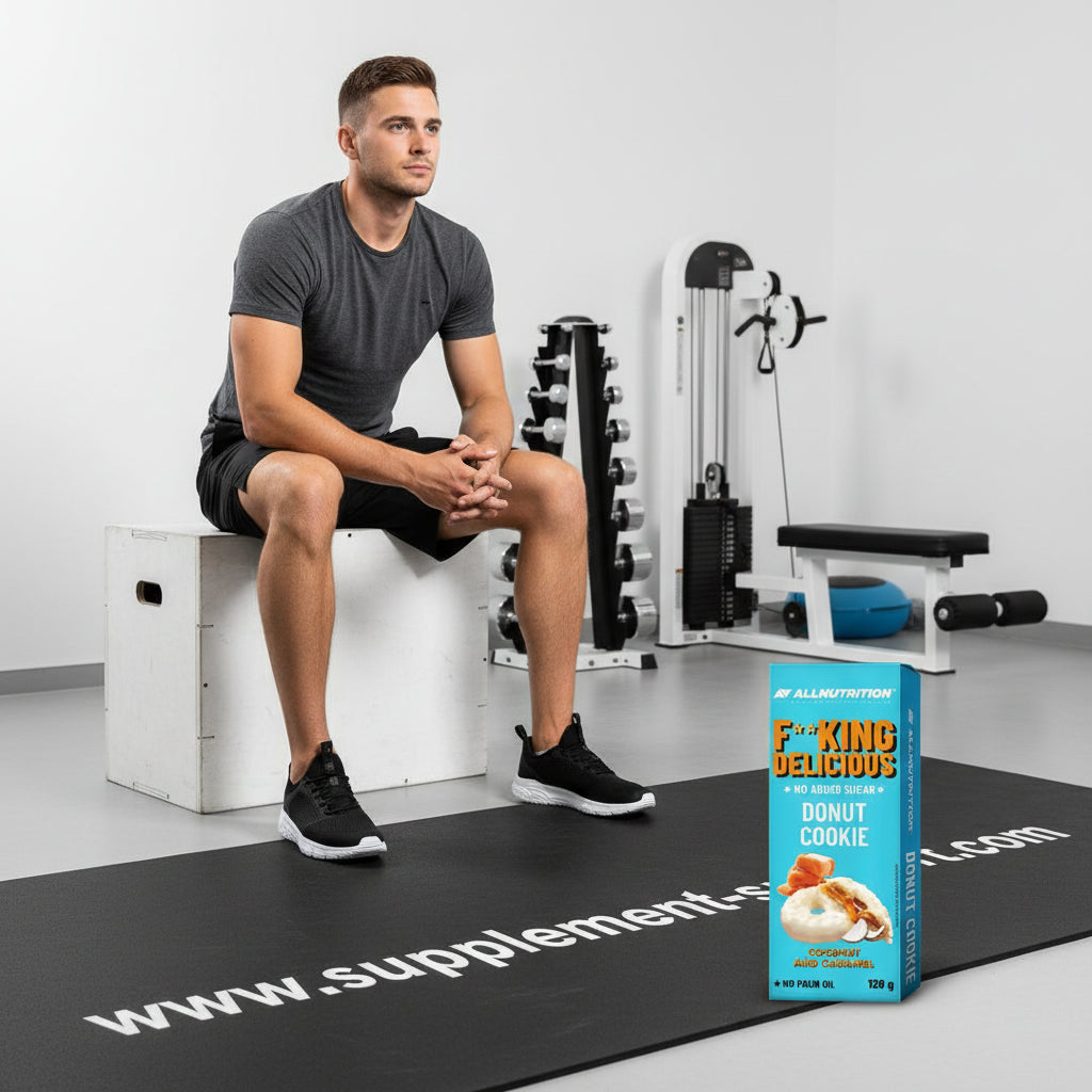 Mann im Fitnessstudio mit AllNutrition Donut Cookie Proteinriegel, ideal für Sportler und Fitness-Enthusiasten