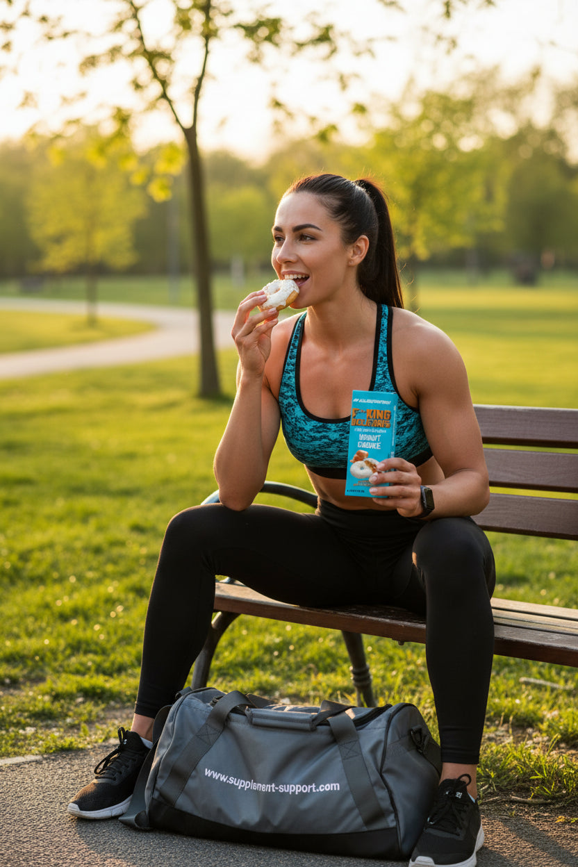 Sportlerin mit Donut und Nahrungsergänzung im Park, Fitness-Snack für Athleten