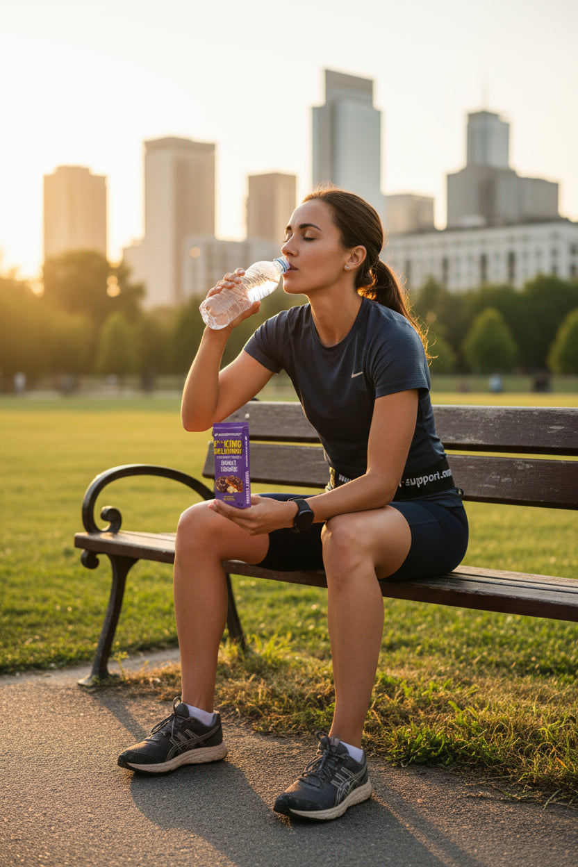 Sportlerin trinkt Wasser und hält Proteinriegel, Fitness & Nahrungsergänzung im Park