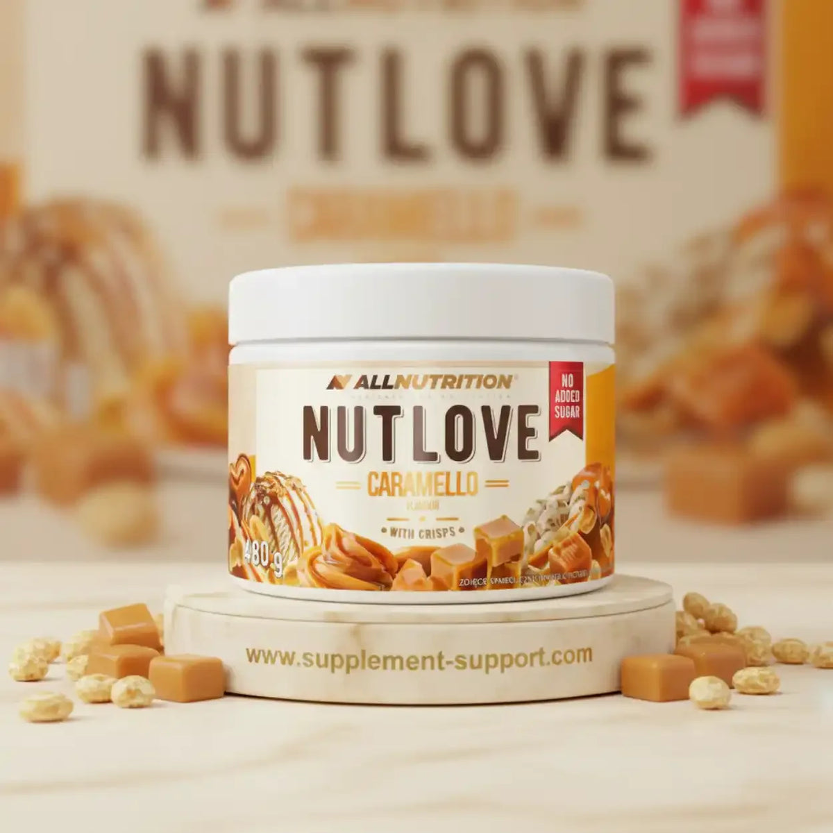 All Nutrition Nut Love Proteincreme mit Karamellgeschmack und Crisps in einem weißen Tiegel.