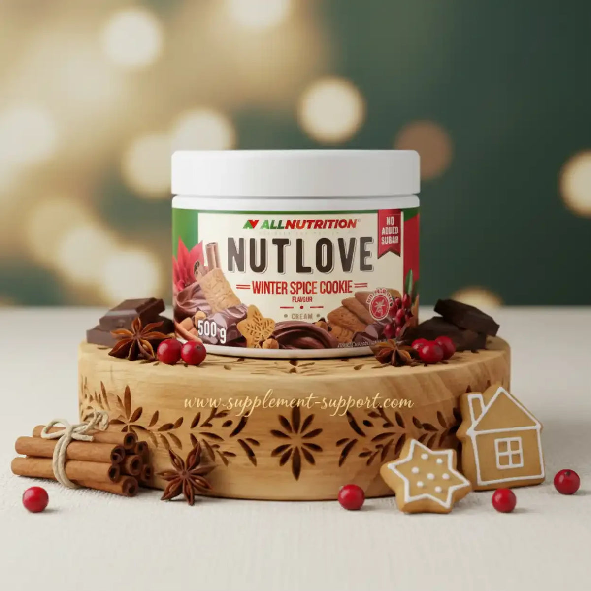 All Nutrition Nut Love Winter Spice Cookie Geschmack Proteinpulver Dose mit Keksen