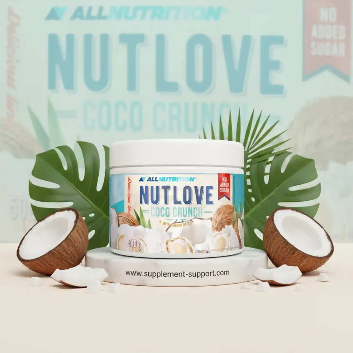 All Nutrition Nutlove Coco Crunch Proteinpulver-Becher mit Kokosnüssen und Palmblättern