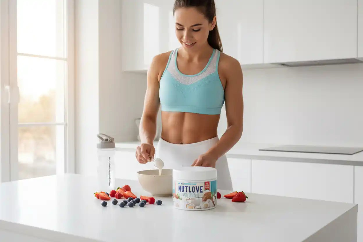 Frau bereitet Protein-Pulver mit Beeren in der Küche zu – ideal für Fitness & Sporternährung