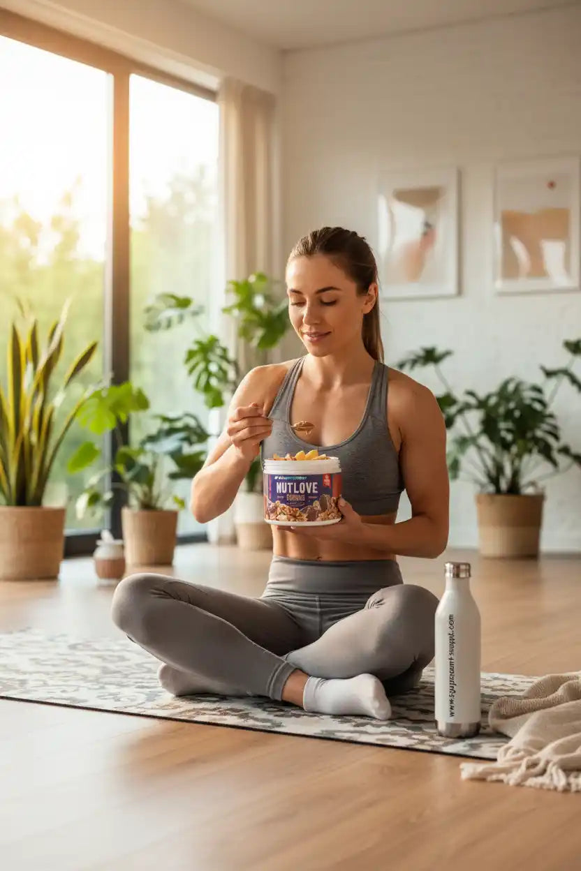 Frau in Sportbekleidung genießt Nuss-Snack, ideal für Fitness und Sportnahrung