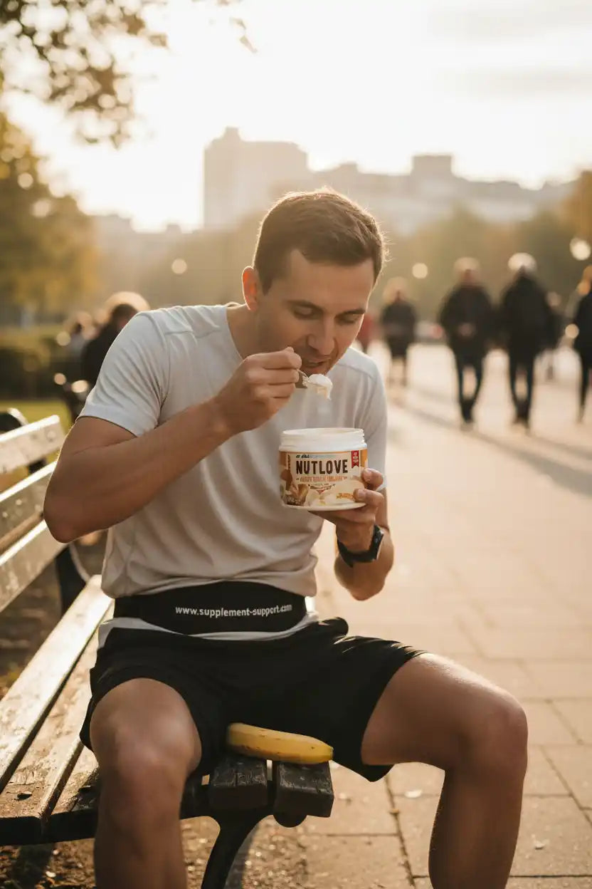 Mann isst NUTLOVE Protein-Pudding im Park, ideal für Sportler und Fitness-Enthusiasten