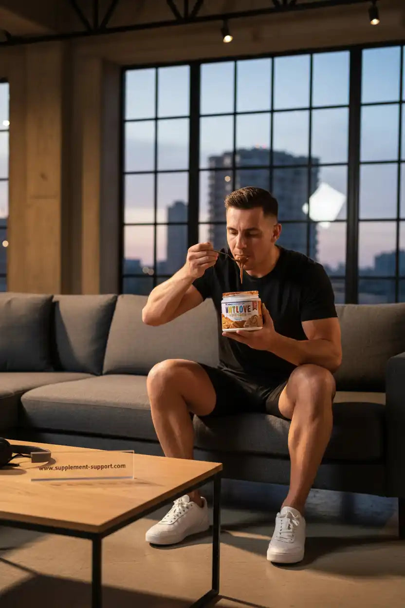 Muskulöser Mann isst Protein-Nussbutter von Witlove auf Sofa – ideal für Fitness & Sportler