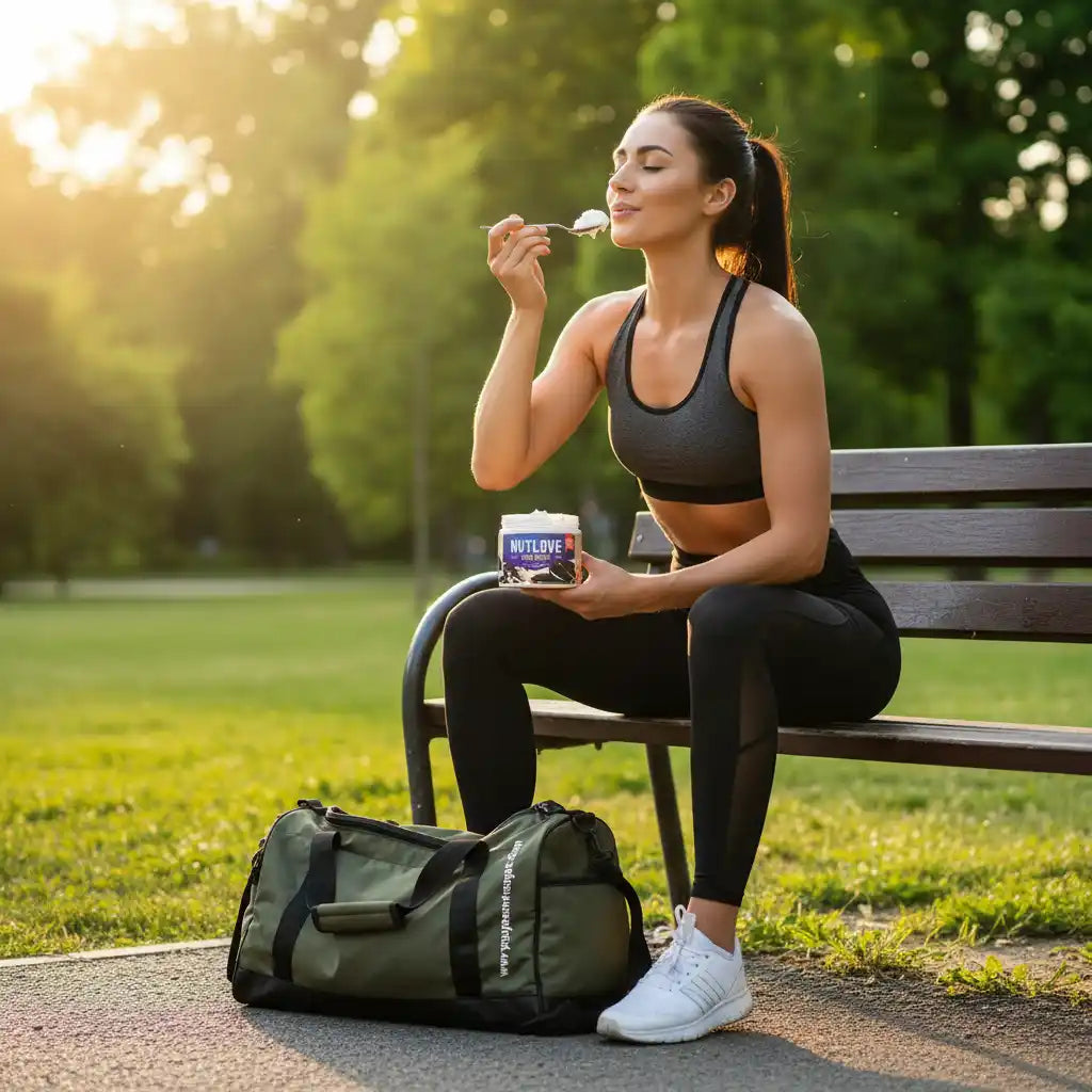 Sportlerin genießt Nahrungsergänzung im Park – Fitness, Laufen, Sportnahrung