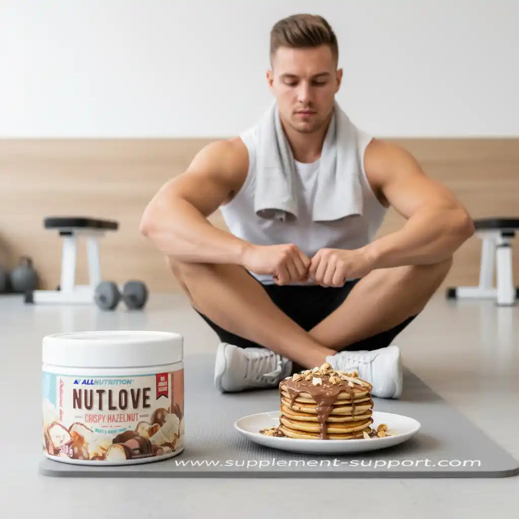 Muskelmann mit Nutlove Crispy Hazelnut und Pancakes nach Training im Fitnessstudio