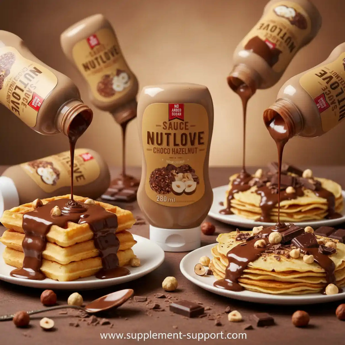 All Nutrition Nutlove Choco Hazelnut Sauce auf Waffeln und Pfannkuchen