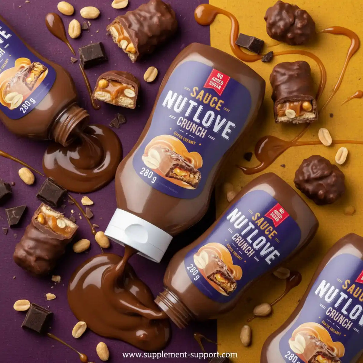 All Nutrition NutLove Crunch Schokoladensauce mit Nuss-Stückchen und Schoko-Snacks.