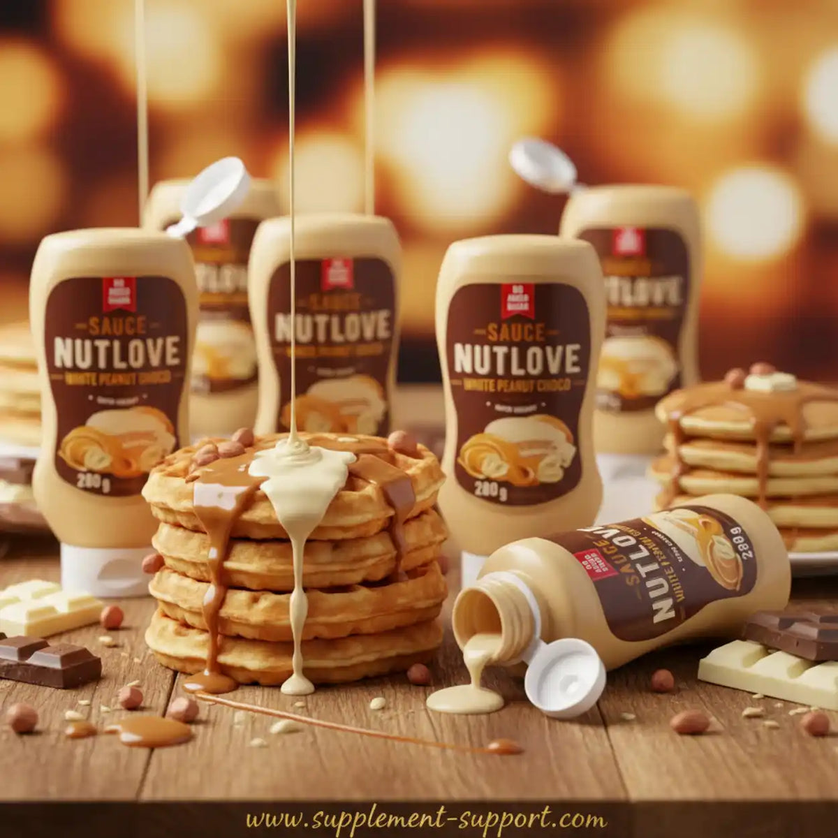 All Nutrition Nutlove White Peanut Choco Sauce auf einem Stapel Waffeln mit Schokolade.