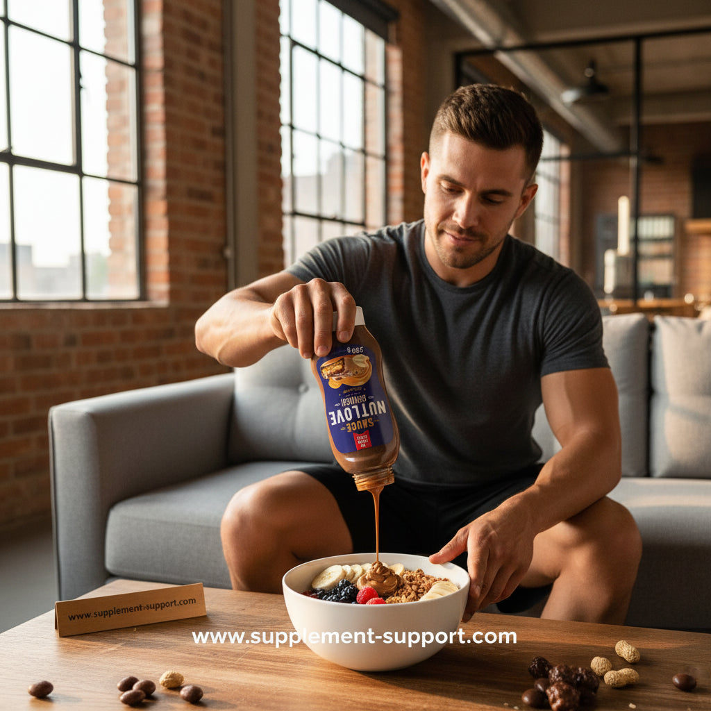 Muskulöser Mann gießt Nuss-Sauce über Müslischale mit Beeren und Bananen – ideal für Sportler und Fitness