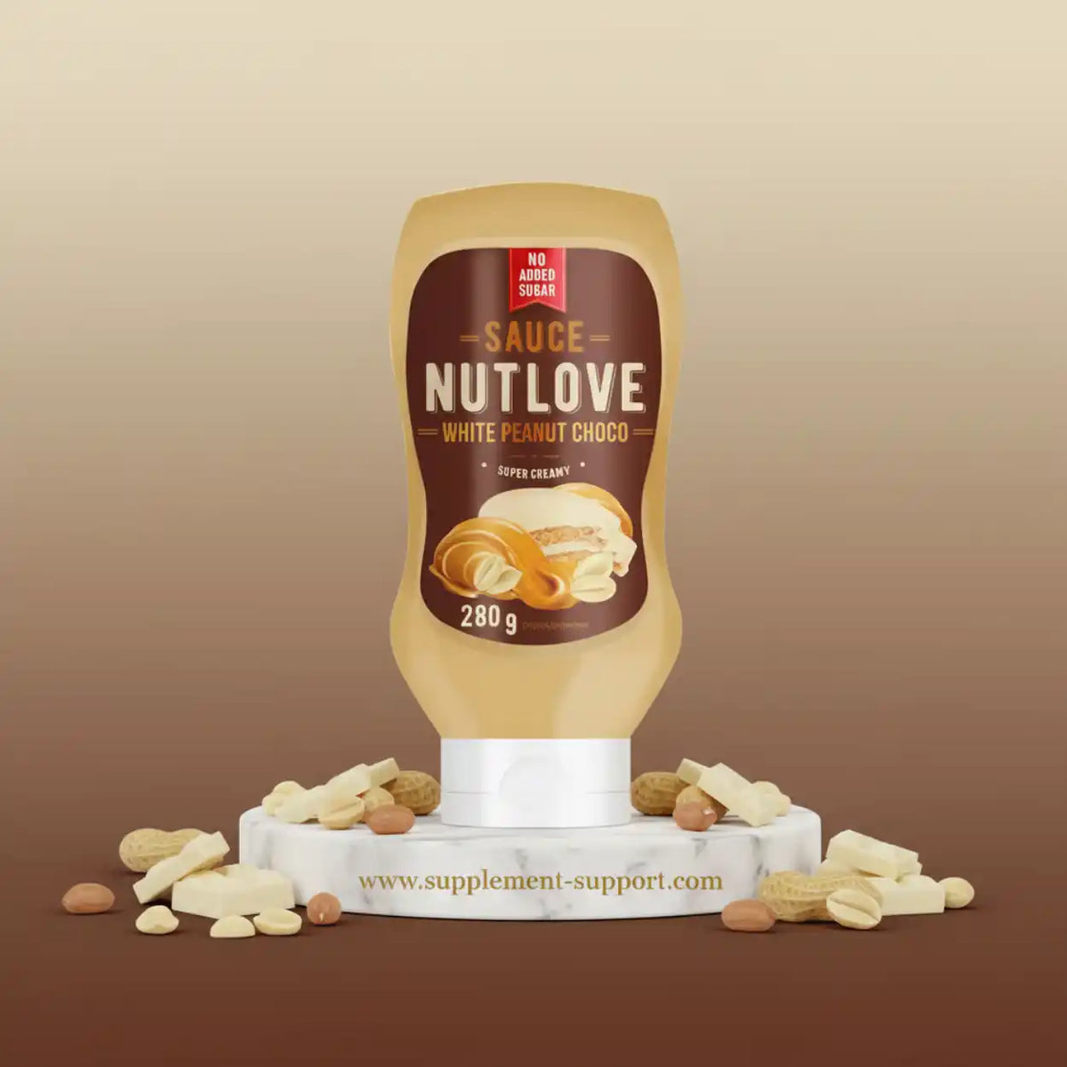 All Nutrition Nutlove Sauce White Peanut Choco 280g Flasche mit Erdnüssen auf Marmoruntergrund