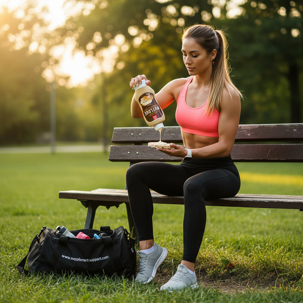 Sportlerin mit Protein-Snack im Park, Nahrungsergänzung für Fitness & Training