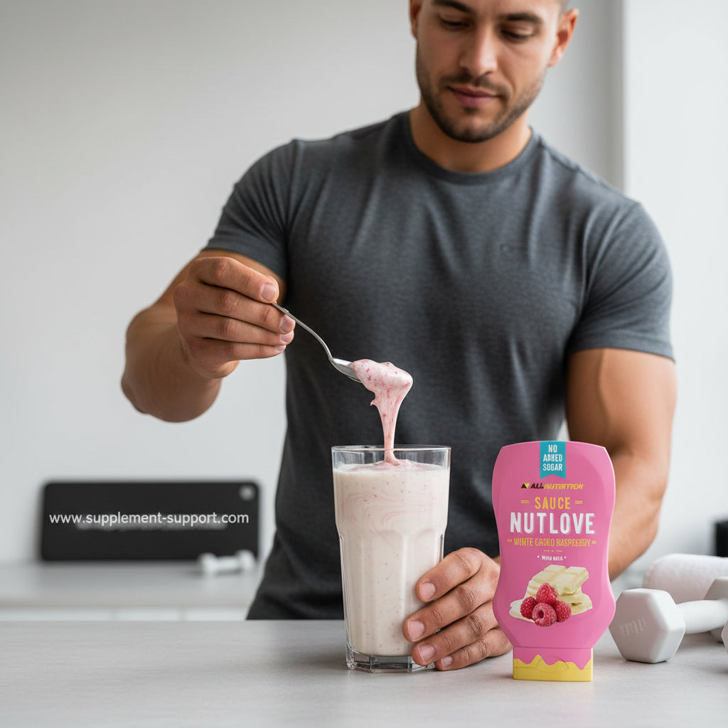 Muskulöser Mann mit Proteinshake und Nutlove Sauce, ideal für Sportler und Fitness