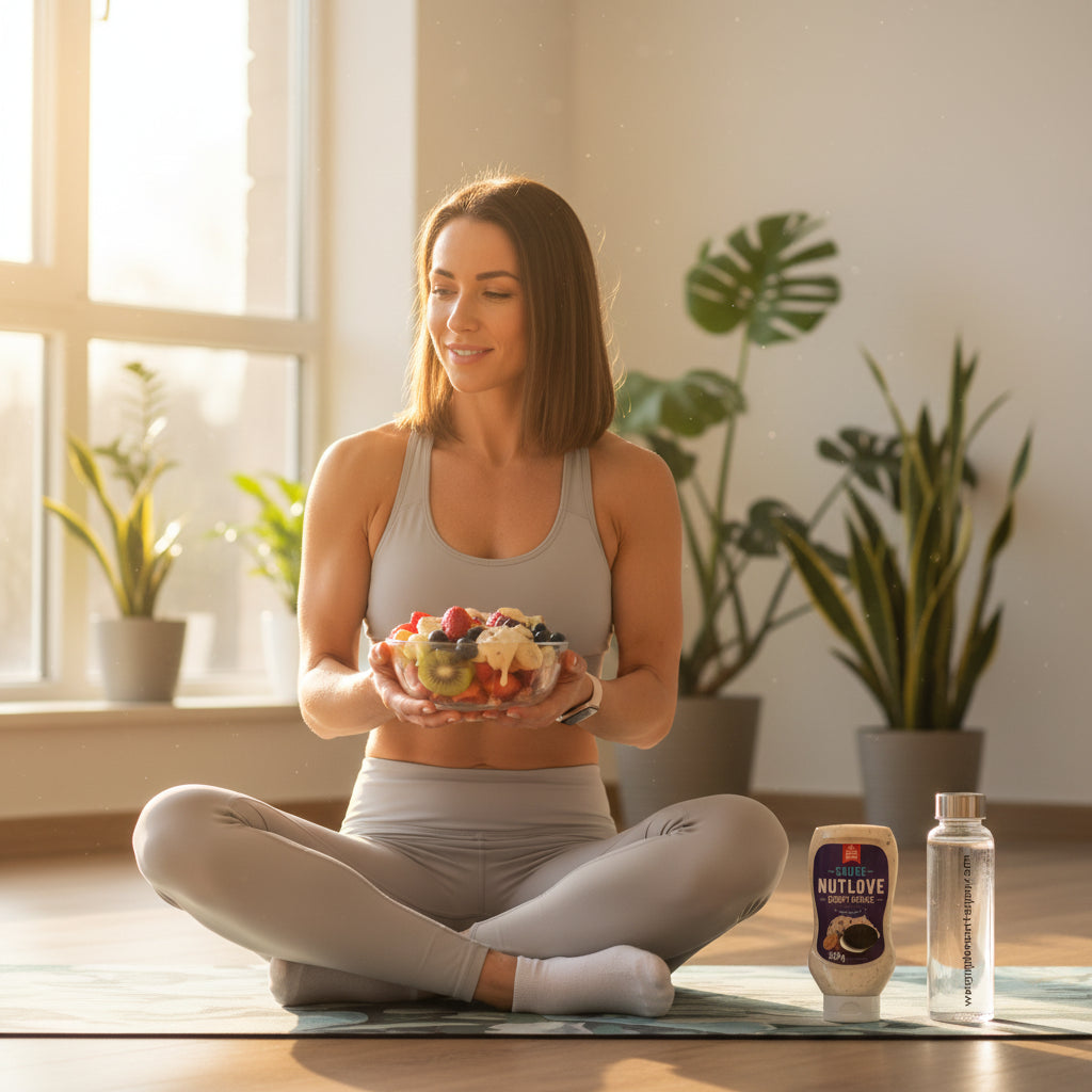 Frau mit Obstsalat und Nahrungsergänzungsmitteln auf Yogamatte, Fitness & Gesundheit