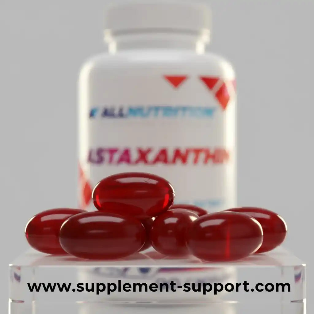Rote Astaxanthin-Kapseln vor Flasche, ideal für Sportler und Fitness-Enthusiasten