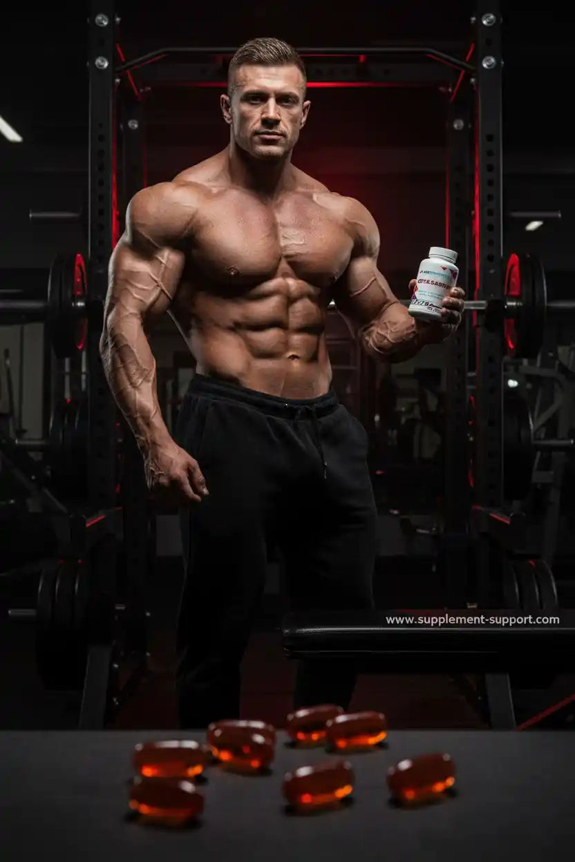 Muskulöser Mann im Fitnessstudio mit Nahrungsergänzungsmitteln und Kapseln