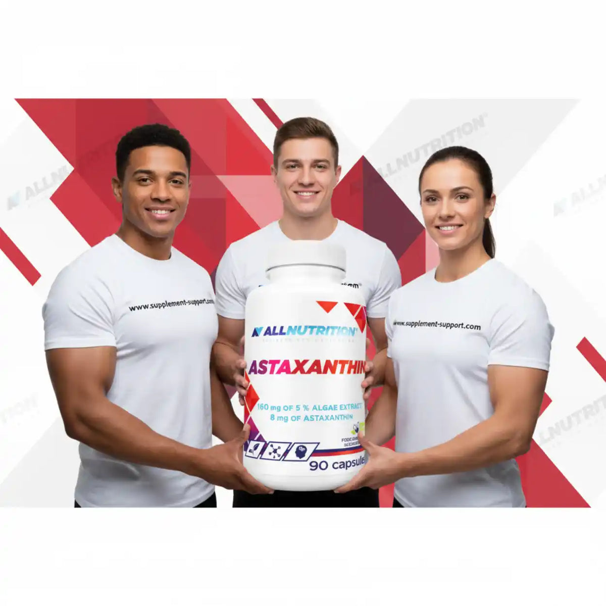Drei sportliche Personen halten eine Dose All Nutrition Astaxanthin mit 90 Kapseln.