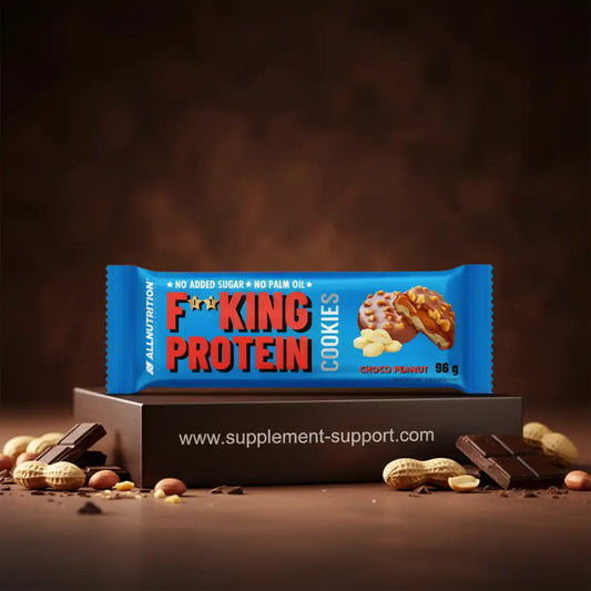 All Nutrition Protein Cookies in Choco Peanut Geschmack mit Schokolade und Erdnüssen.