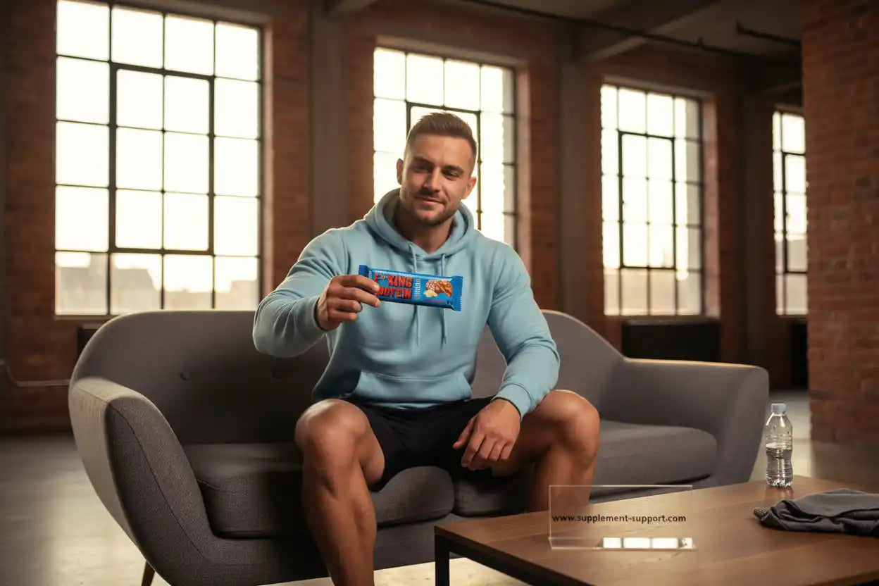 Muskulöser Mann mit Proteinriegel in blauem Hoodie, ideal für Fitness und Sportnahrung