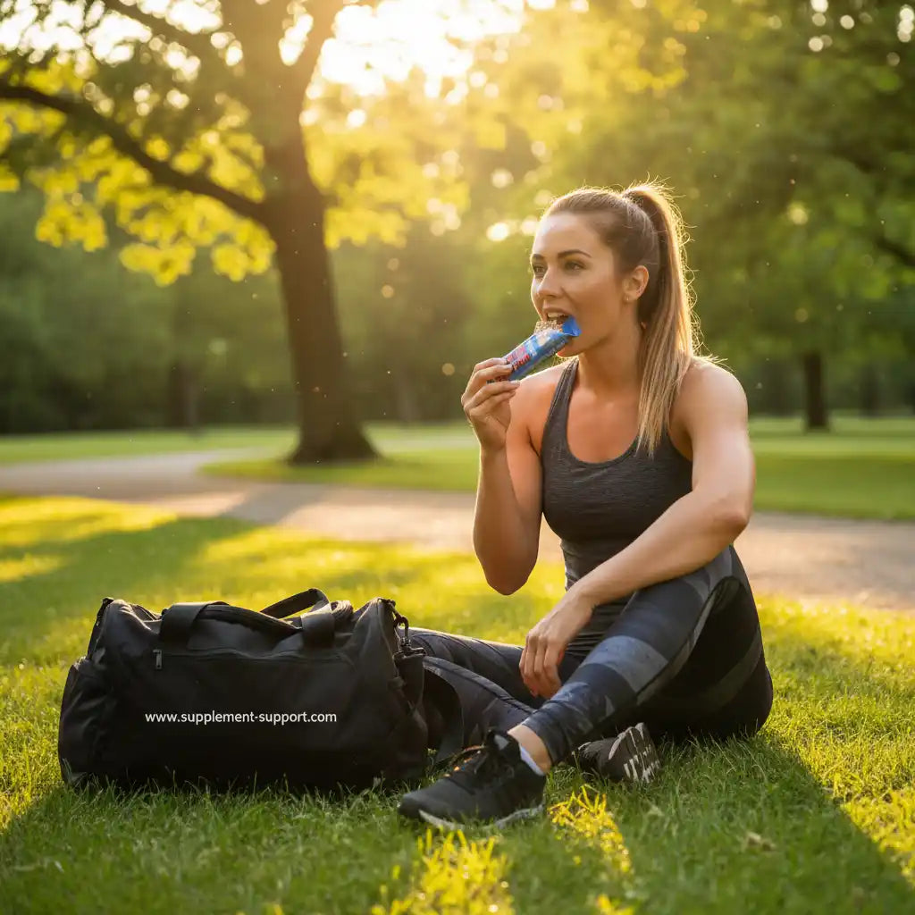 Frau isst Energie-Riegel im Park nach Fitness-Training, ideal für Sportler und Läufer