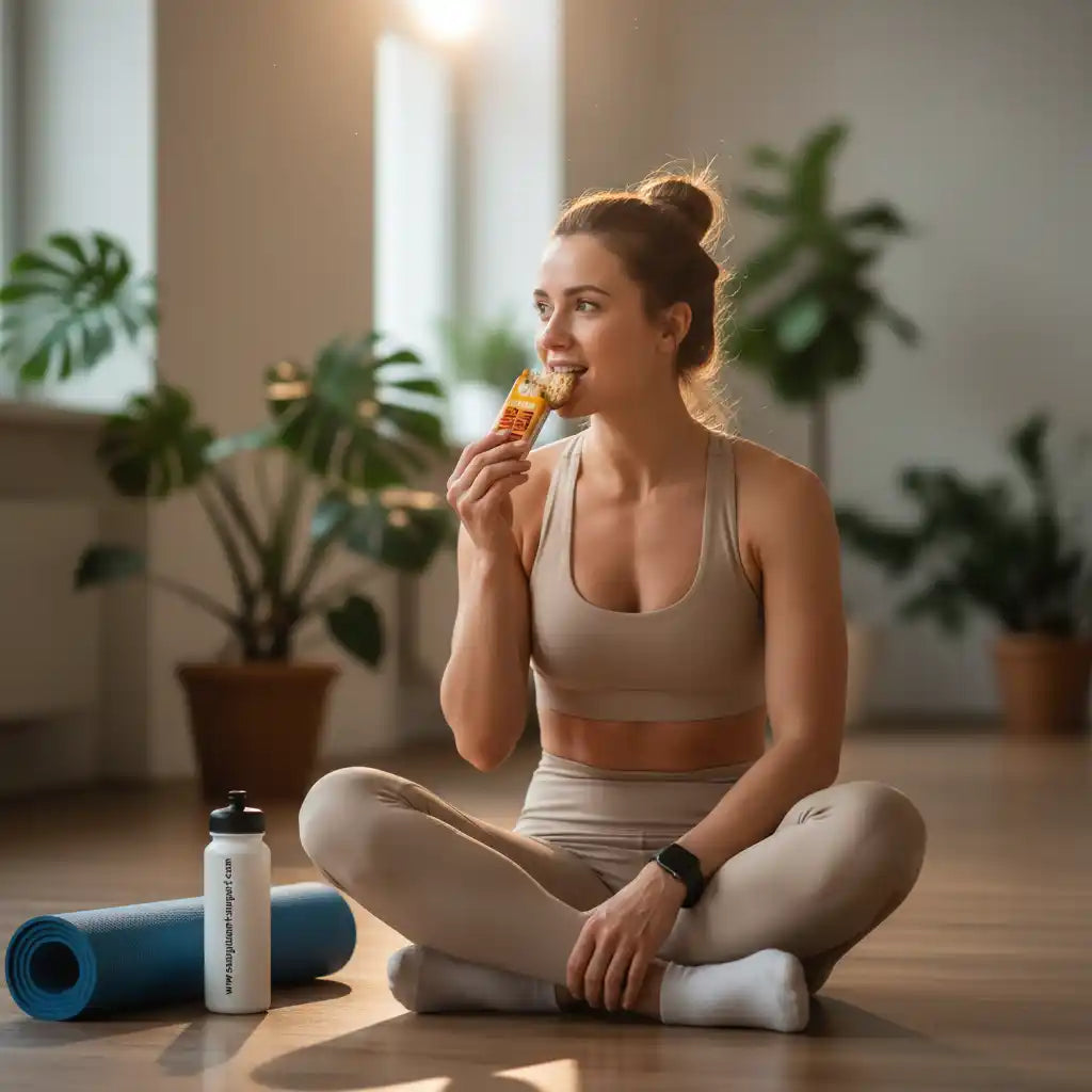 Frau isst Proteinriegel nach Fitness-Training, Yoga-Matte und Trinkflasche daneben, Sportnahrung für Athleten