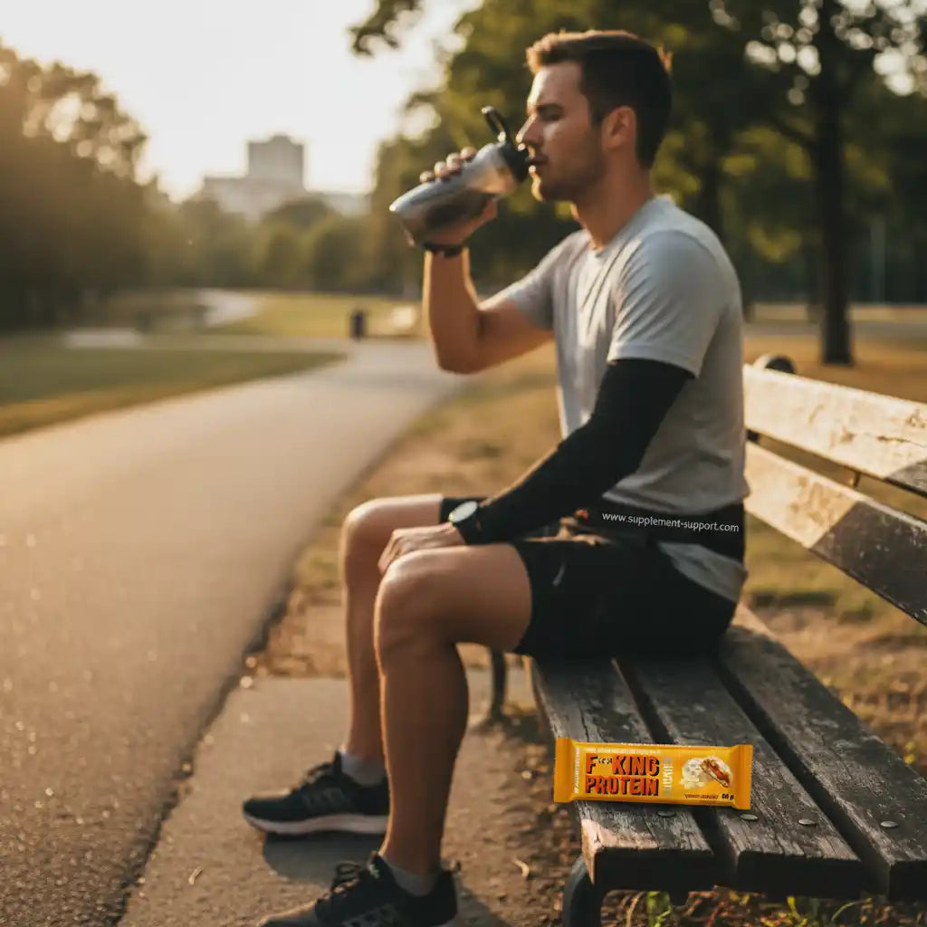 Mann trinkt Wasser auf Parkbank mit Proteinriegel, ideal für Fitness und Sport