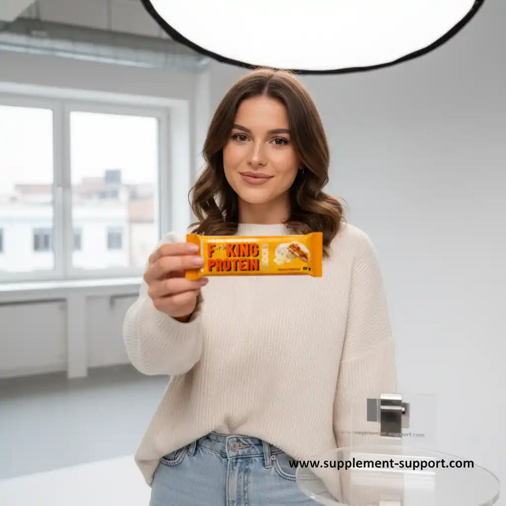 Frau hält King Protein Riegel – ideal für Fitness & Sportler, Nahrungsergänzung aus Berlin