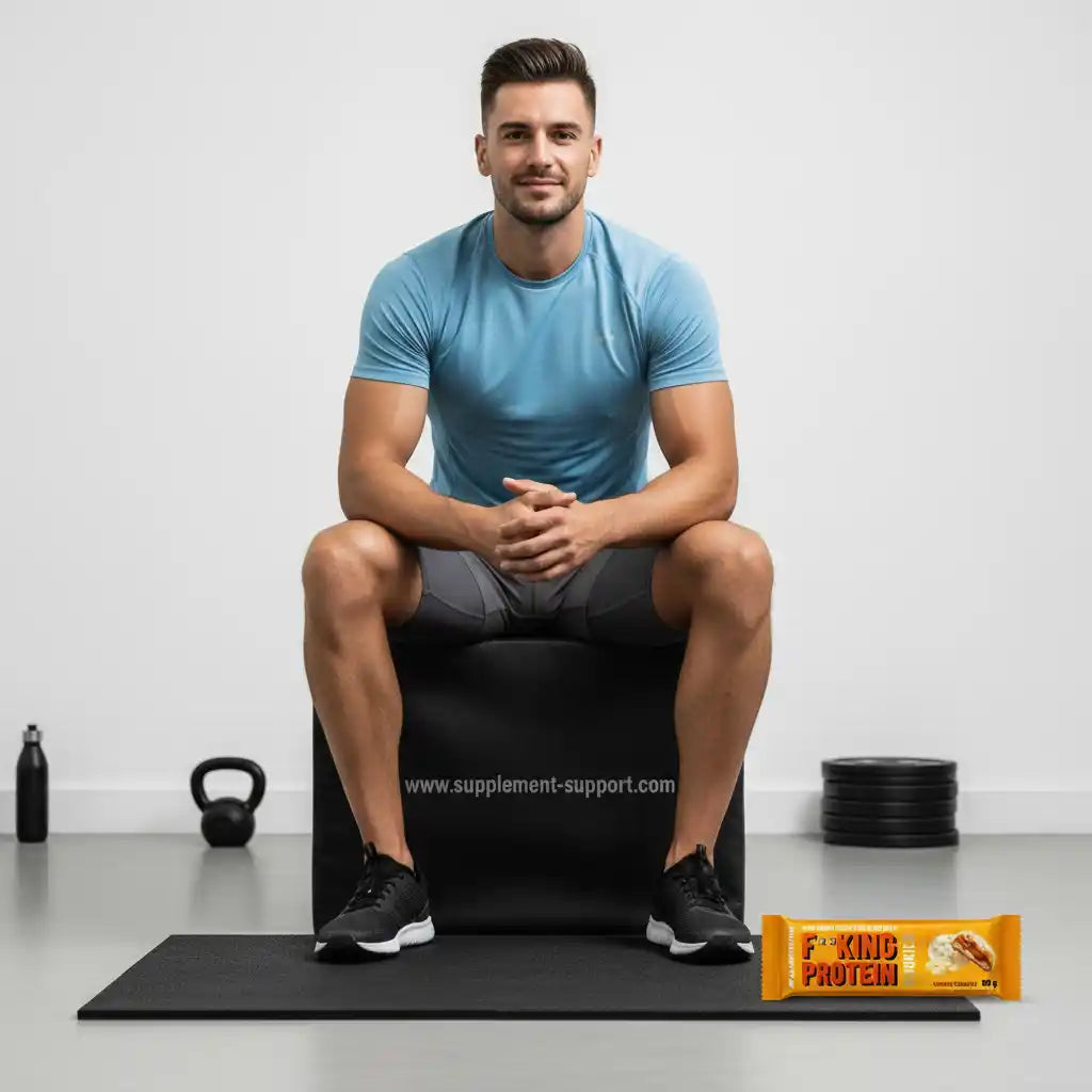 Muskulöser Mann im Fitnessstudio mit Proteinriegel, Kettlebell und Hantelscheiben – ideal für Sportler und Fitness-Enthusiasten.