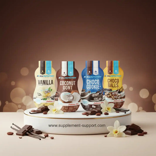 Vier Flaschen All Nutrition Sauce Zero Sugar in den Sorten Vanilla, Coconut, Choco Cookie und Choco Balls.