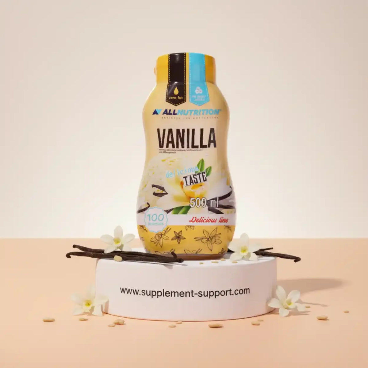 All Nutrition Sauce Zero Sugar in Vanille, 500ml Flasche mit Vanilleschoten und Blüten