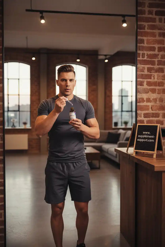 Sportler nimmt Nahrungsergänzungsmittel mit Tropfenflasche in Fitness-Loft ein, ideal für Fitness und Training