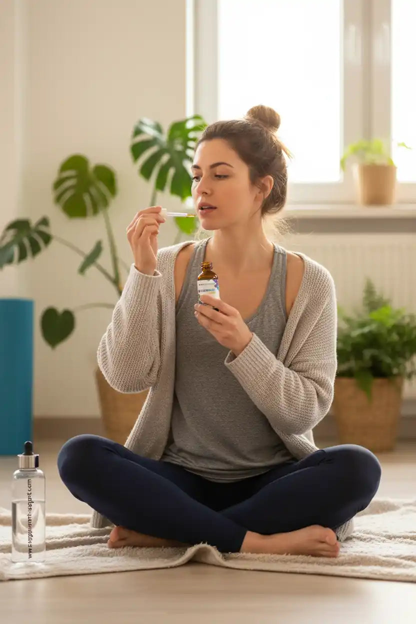 Frau nimmt Nahrungsergänzung mit Pipette ein – ideal für Fitness & Sportler aus Berlin