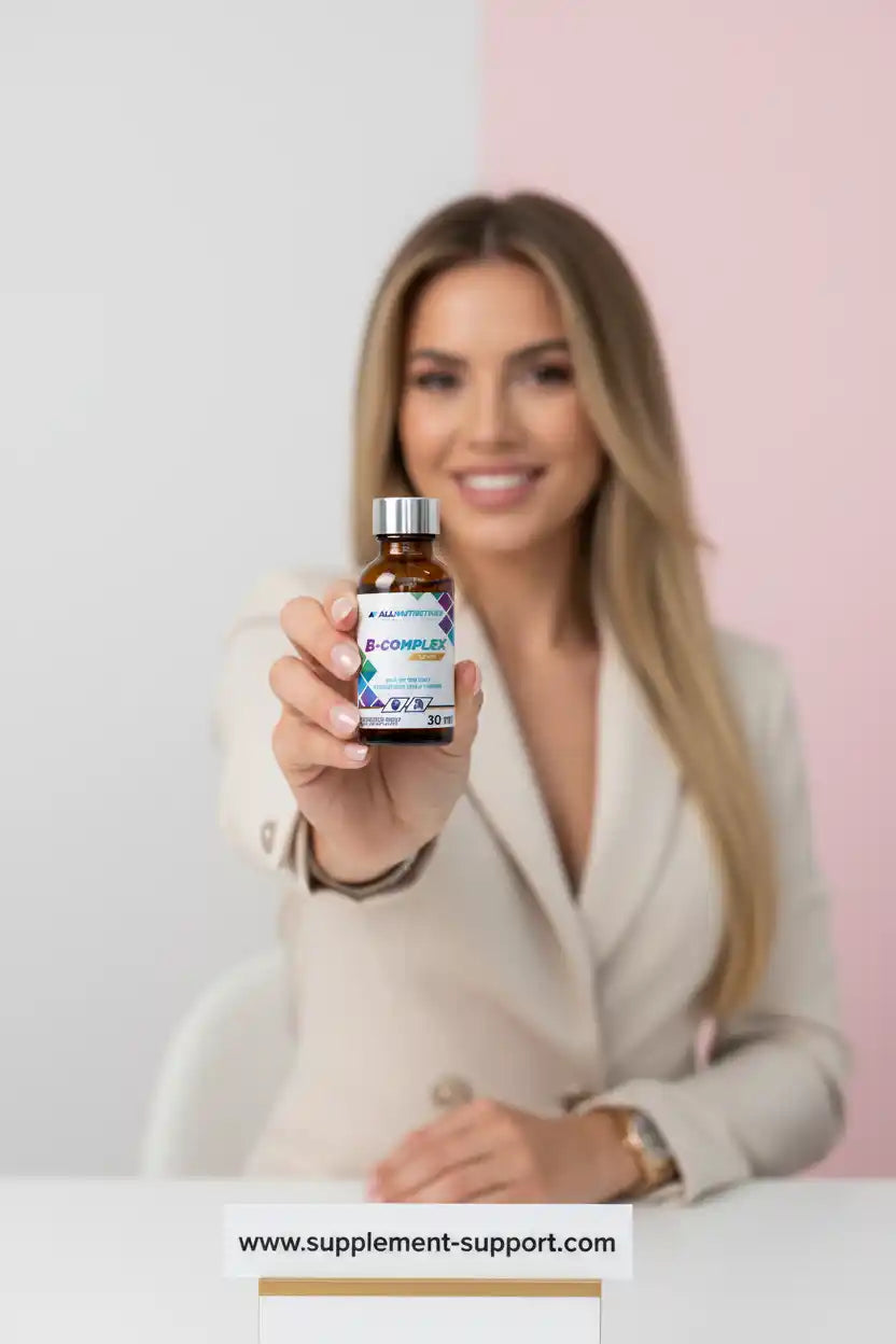 Frau hält B-Complex Vitaminflasche – Nahrungsergänzung für Sportler & Fitness