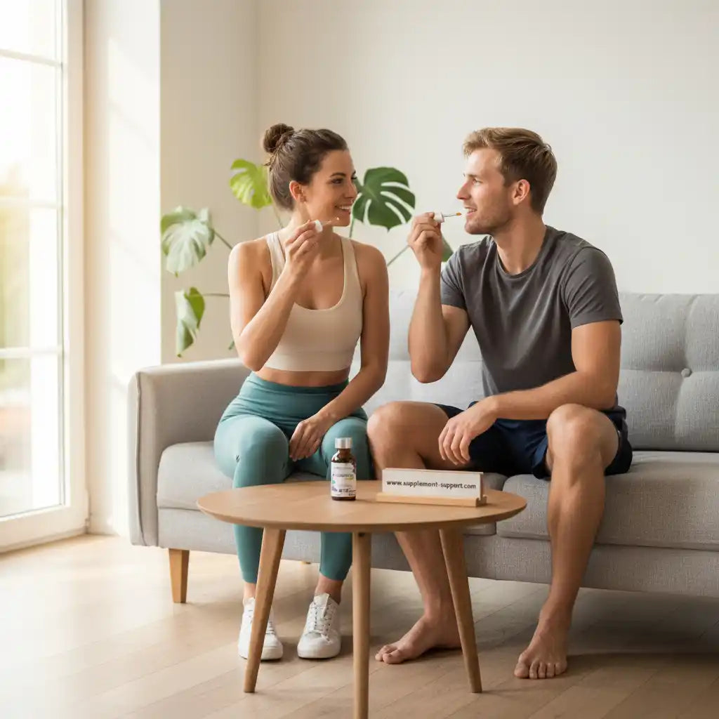 Paar nimmt Nahrungsergänzungsmittel zu Hause ein – ideal für Sportler und Fitness-Enthusiasten