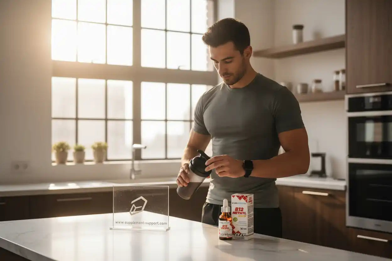 Mann bereitet Sportnahrung mit B12 Methyl in moderner Küche vor, ideal für Fitness und Training