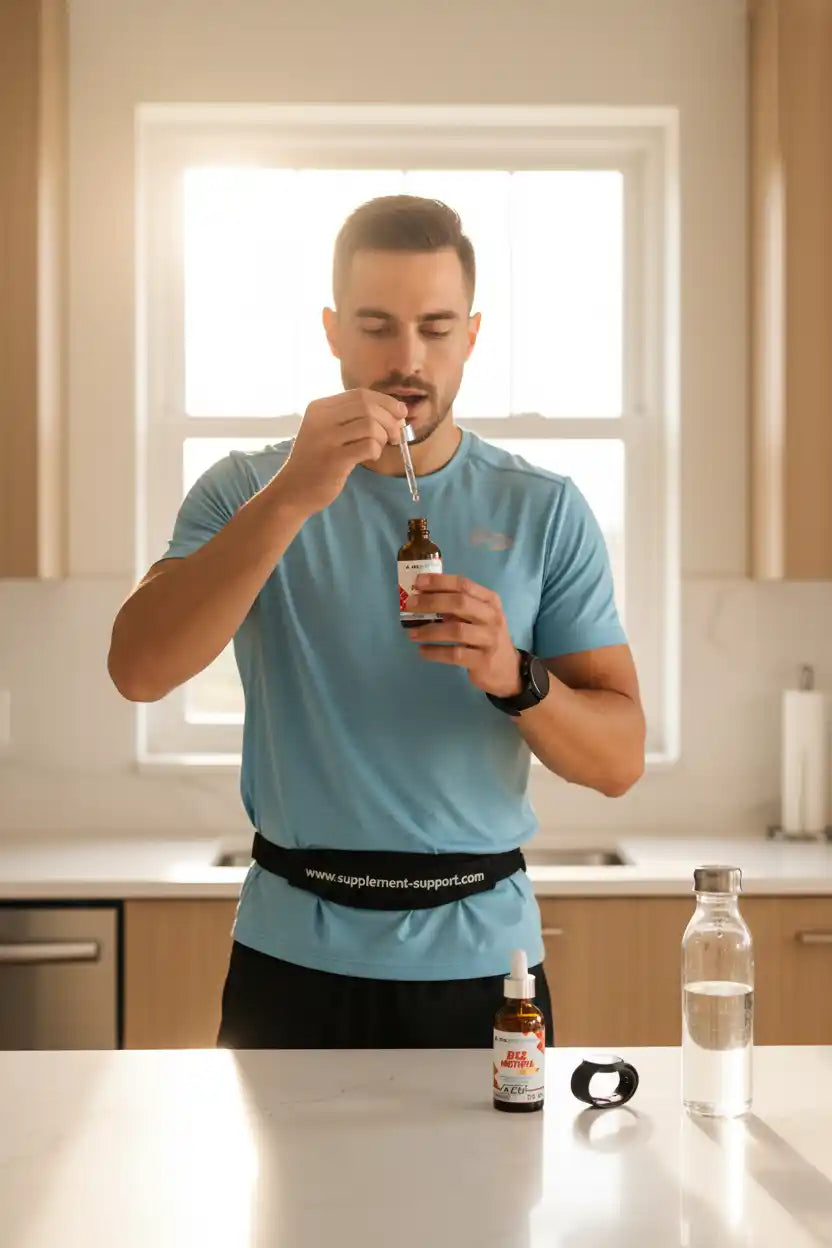 Mann nimmt Nahrungsergänzungsmittel aus Tropfflasche ein – ideal für Sportler und Fitness