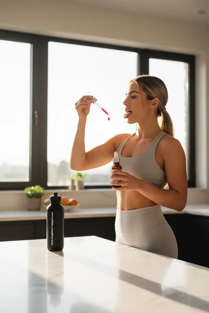 Frau nimmt Nahrungsergänzungsmittel mit Pipette ein, ideal für Fitness und Sportler