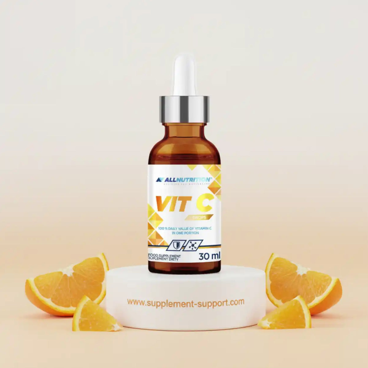All Nutrition Vitamin C Tropfen 30ml Flasche mit Pipette und Orangenstücken
