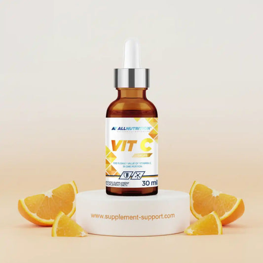 All Nutrition Vitamin C Tropfen 30ml Flasche mit Pipette und Orangenstücken