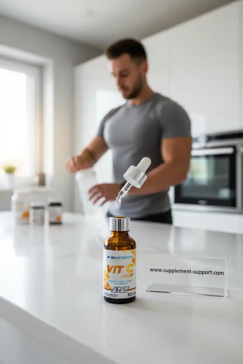 Vitamin C Tropfen für Sportler – Nahrungsergänzung mit Pipette in moderner Küche